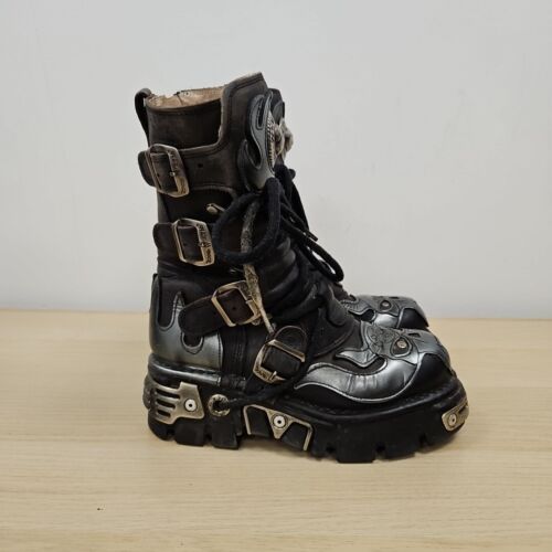 New Rock Reactor Demon Devil Leather Chunky Platform Black Boots Uk 4 Eu 37 - Picture 4 of 9