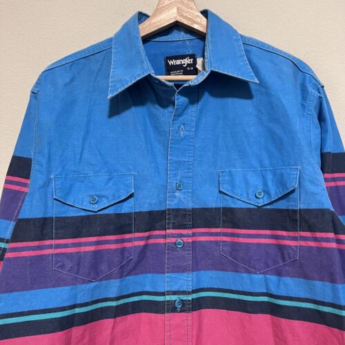 Vintage Wrangler Brushpopper blau rosa Western Knopfleiste Cowboy Hemd Gr. 16 x 34 - Bild 2 von 6