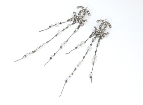 CHANEL CC Logos Clear Stone Aurora Fringe Stud Earrings Silver Tone A18S Auth - Picture 3 of 8