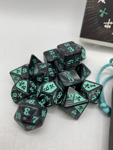Gyld Dice Set: Bludgeoning Damage - Acrylic, Black Marble w/Teal, 14 Dice w/ Bag - Picture 4 of 8