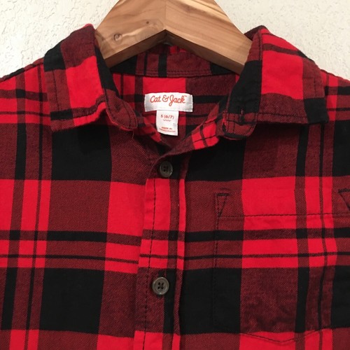 Cat & Jack Boys Sz S 6/7 Shirt Red Buffalo Plaid Flannel Button Up 100% Cotton - Picture 2 of 9