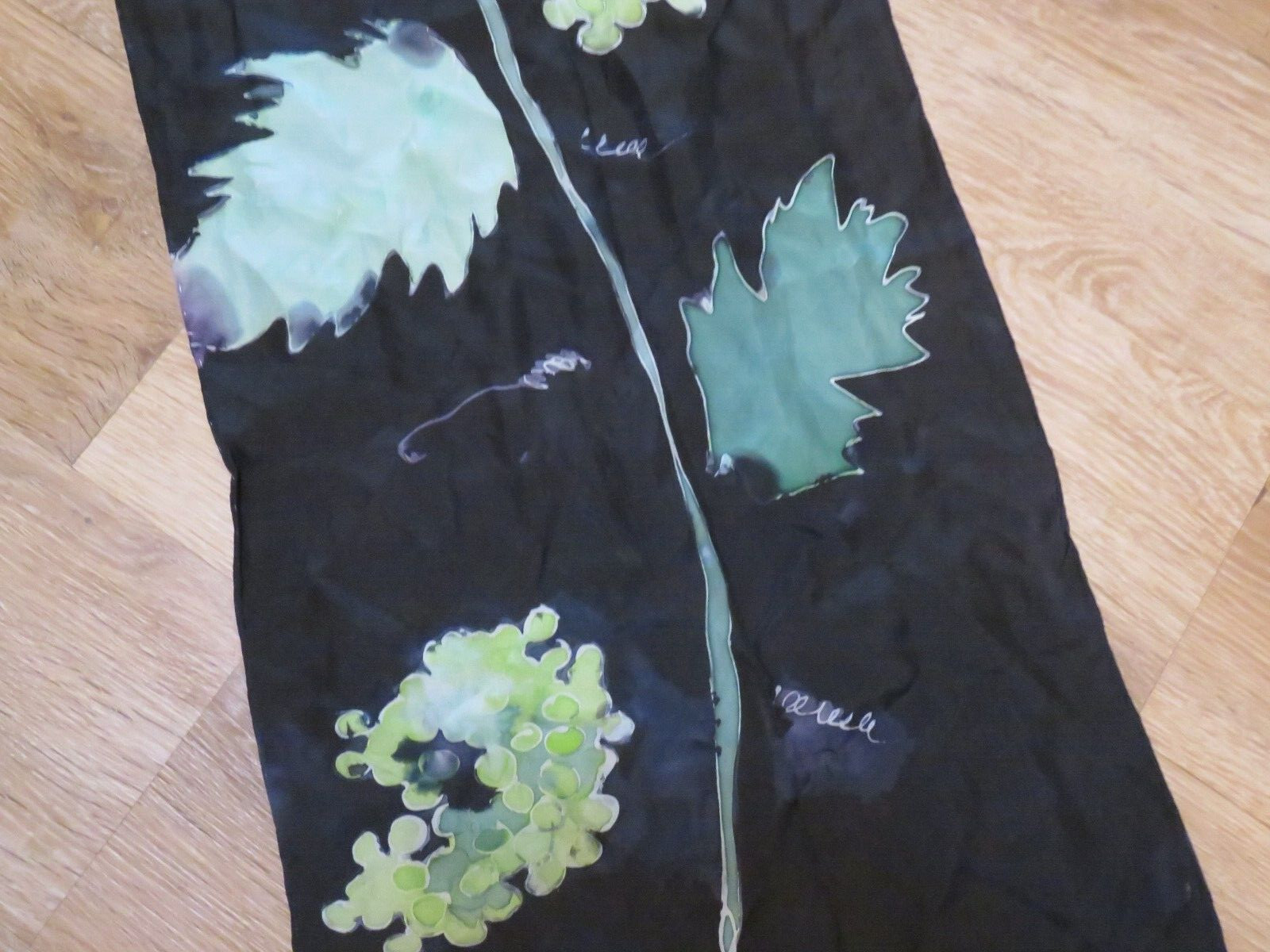 HAND-PAINTED RECTANGULAR SILK SCARF BLACK LEAVES … - image 3