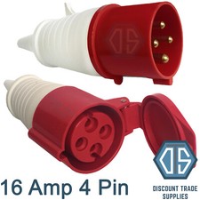 16 Amp 4 Pin Plug & Coupler Socket 3P+E Industrial IP44 Red EC16444 EP16444