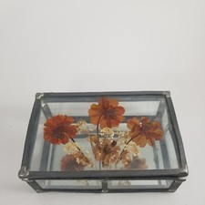 Vtg Glass/Metal Leaded Trinket Jewelry Box, Hinged, Pressed Flowers, Mirror Base