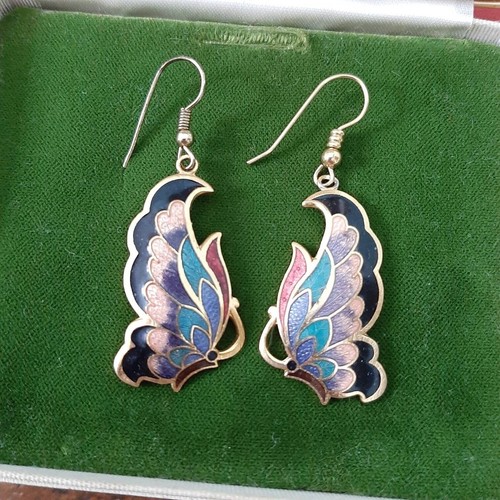 Vtg Cloisonne Butterfly Chandelier Earrings 70s Gold Tone Jewelry - Picture 7 of 8