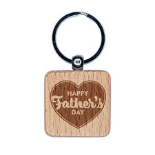 Happy Father's Day Heart Engraved Wood Square Keychain Tag Charm