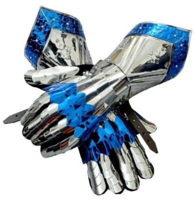 Medieval Knight Steel Gloves Blue & Silver Gauntlets Wearable Battle Warrior