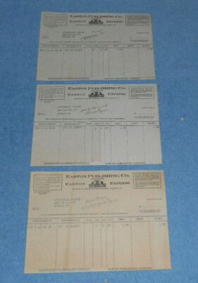 Lot of 3 Vintage Easton Publishing Co Daily Express Newspaper Ad Billheads PA