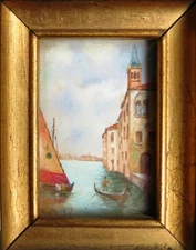 MURANO VENETIAN ITALY OIL PAINTED LANDSCAPE MINIATURE SIGNED GLASS & WOOD FRAME