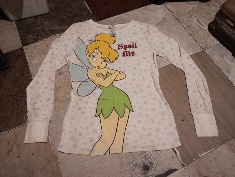 Juniors DISNEY TINKERBELL SPOIL ME snowflakes THERMAL shirt TOP Size Junior...