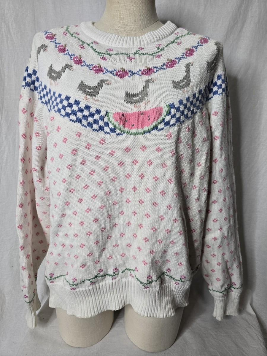 Vintage 80s Eddie Bauer Cute Ducks Watermelon Cotton Knit Pullover 