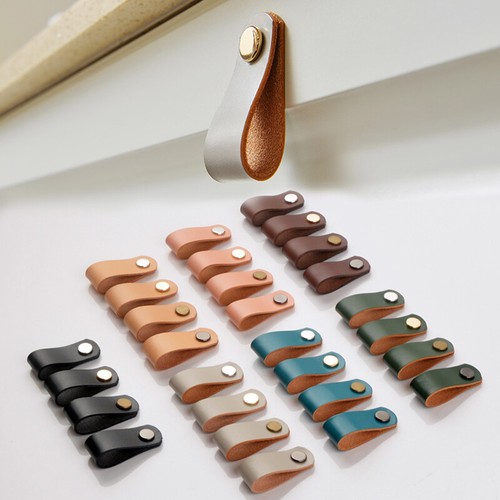 Cowhide Leather Cabinet Drawer Pull Wardrobe Knob Furniture Door Hardware Handle - Picture 5 of 46