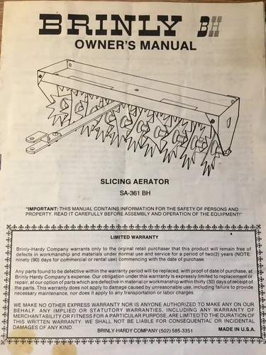 Brinly Slicing Lawn Aerator Model SA-361 BH Operating Manual And Parts Guide