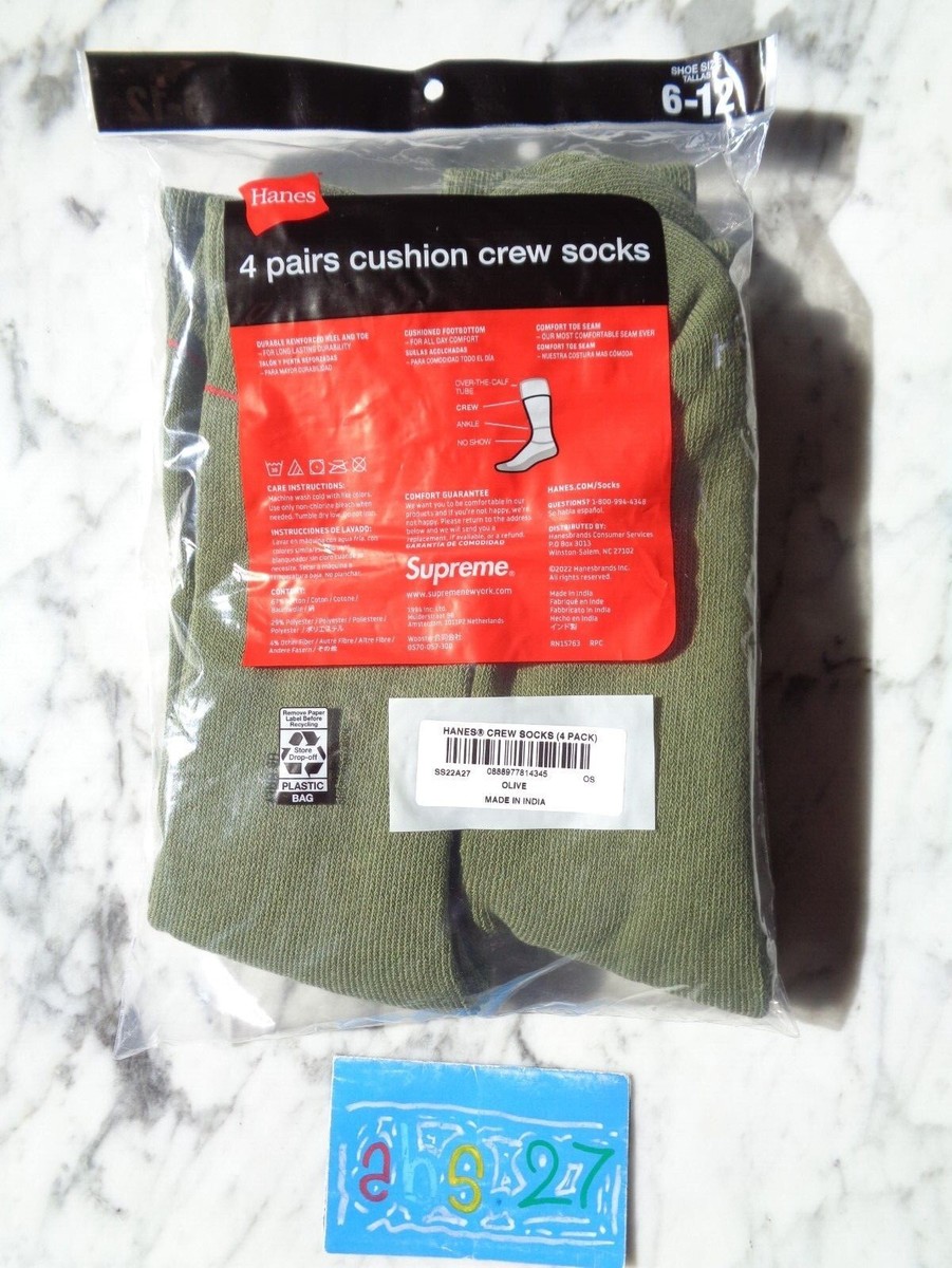 Supreme NYC Hanes Pack Crew Socks 4 Pairs Olive Vert Khaki