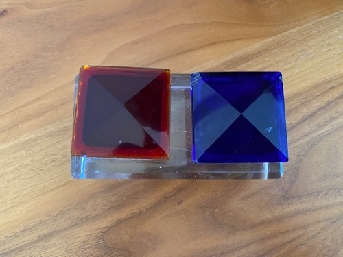 1930's Art Deco Crystal Double Inkwell w Red & Blue Tops - Picture 3 of 16