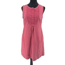 Banana Republic Linen Prairie Dress Womens Size 6 Embroidered Bib Pibk Button Up