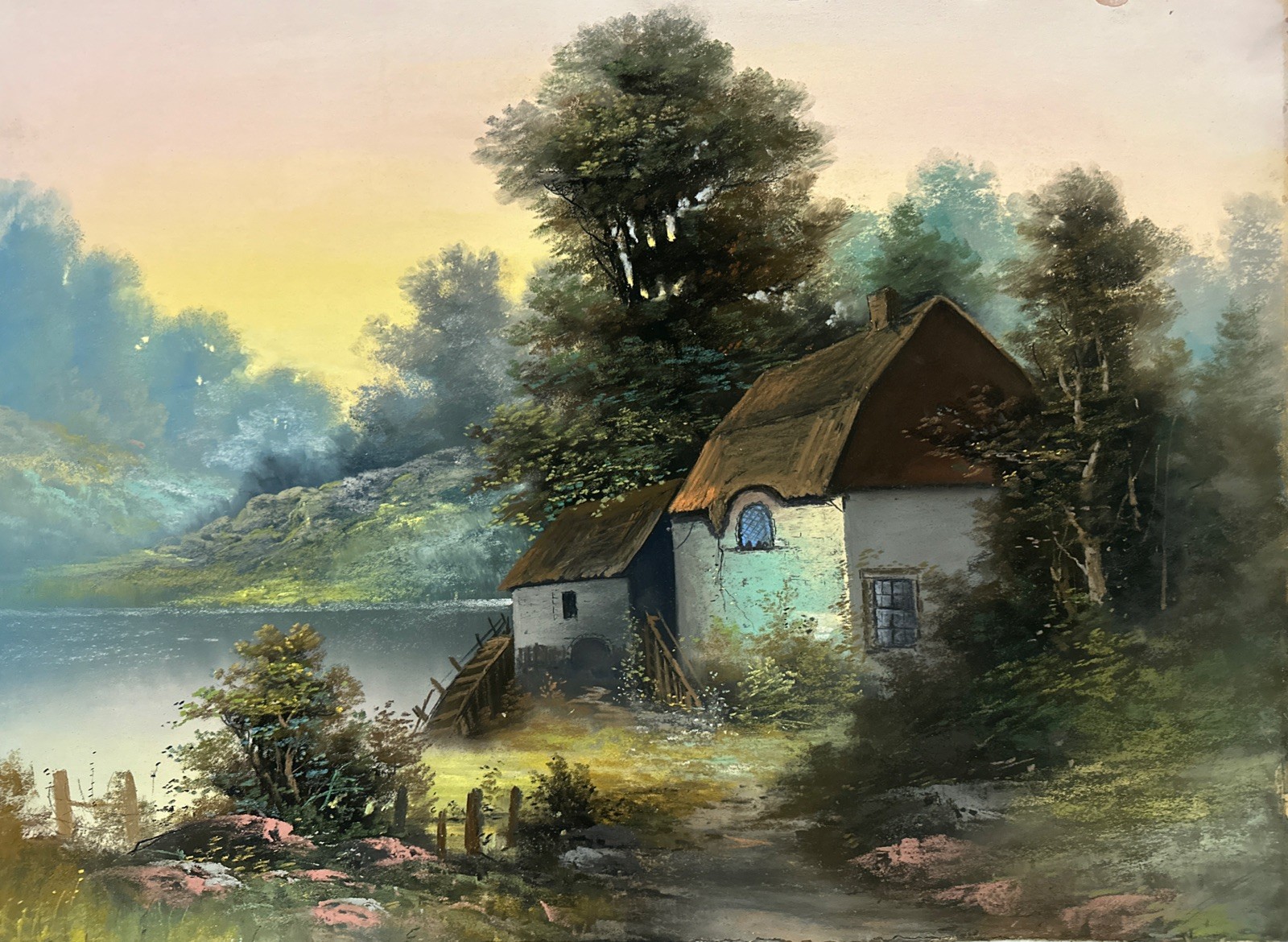 Antique Late XIX c Original Pastel Painting Continental Scool Rural Landscape