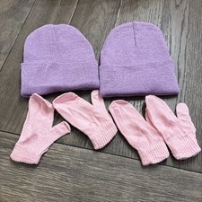 Lot of 2 Pairs of Girls Purple Sock Hats  2 Pairs Pink Mittens. NWOT
