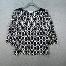 Milly Of New York Black & White Silk Geometric Print Top 3/4 Sleeve Made In USA