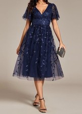 Size uk 14. Leaf Sequin Short Sleeve Tulle Midi Wedding Guest Dress