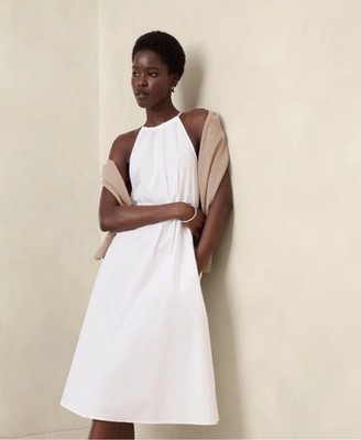Banana Republic White Polin Cotton High Neck Halter Dress Pockets Sz 2 Minimal