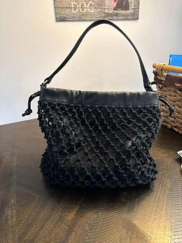 Elizabeth and James Black Leather and Rope Mesh Market Shoulder Bag