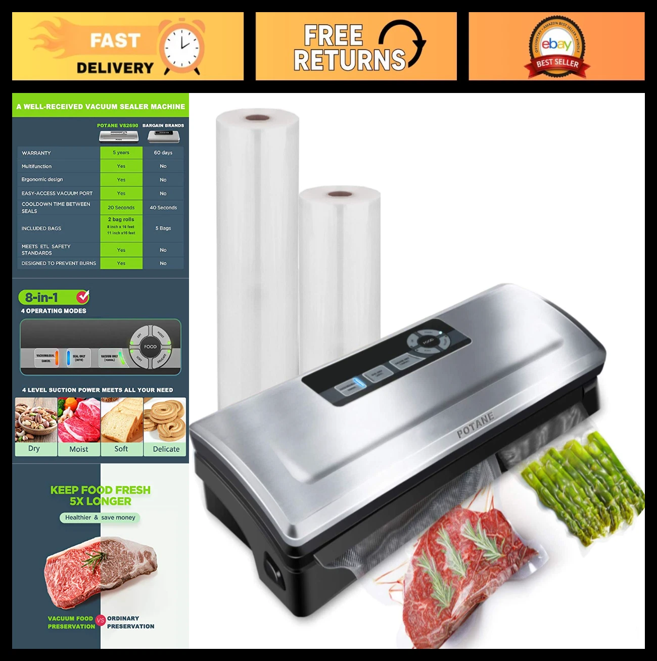 Powerful Vacuum Sealer Machine, 8-in-1 Food Preservation, Dry & Moist Modes, Com
