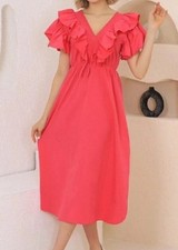 WOMEN PINK RUFFLE V NECK SHORT SLEEVE MIDI DRESS ( SIZE XL )