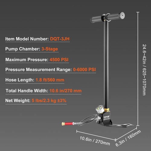 Hochdruck Handpumpe 3 Stufen Luftgewehr PCP Füllbügelpumpe (30MPA), schwarz - Bild 7 von 9