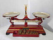 ANTIQUE HENRY TROEMNER RED & GOLD CAST IRON BALANCE SCALE W/ ORIGINAL WEIGHTS