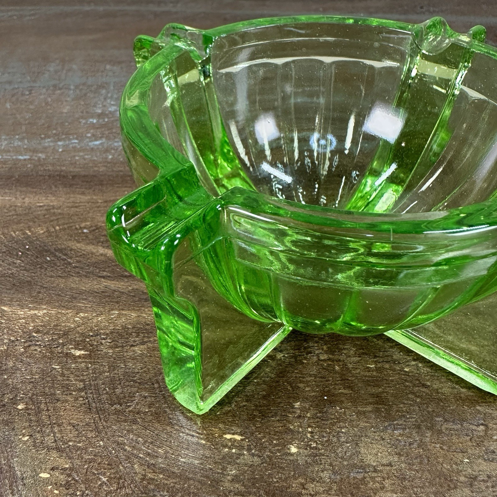 1930s Fry Glass Uranium Ashtray Green Depression Glass Rocket Atomic Era Glows