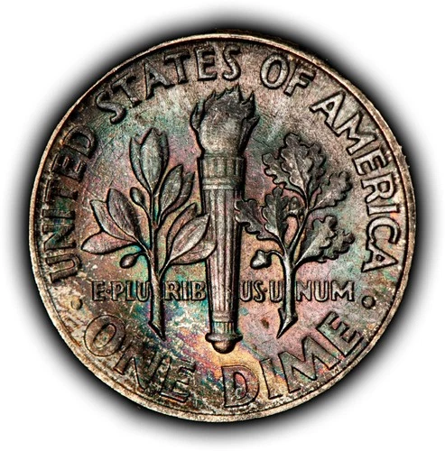 1959 10c Silver Roosevelt Dime - Deep Rainbow Toning - BU - SKU-Z6365