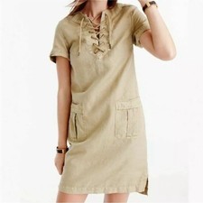 J. Crew Linen Blend Canvas Shift Dress Women’s Plus 16 Khaki Tan Lace Up Neck