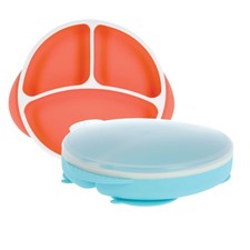Nuby Silicone Round Suction Plate w/ Lid - Dishwasher-Safe Baby Toddler Aqua/Cor