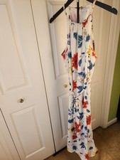 New York & Company Floral Halter Maxi Dress White Red Blue Braided Neck Large
