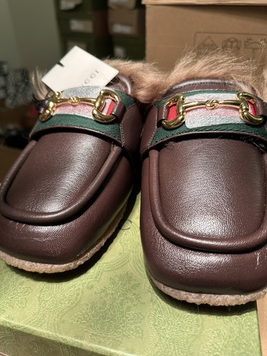 Gucci Mens Horsebit Brown Leather Goat Fur Mule Loafers Size 9UK/10US - Picture 4 of 12