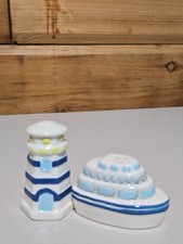 Vintage collectible salt pepper shakers white blue boat and lighthouse