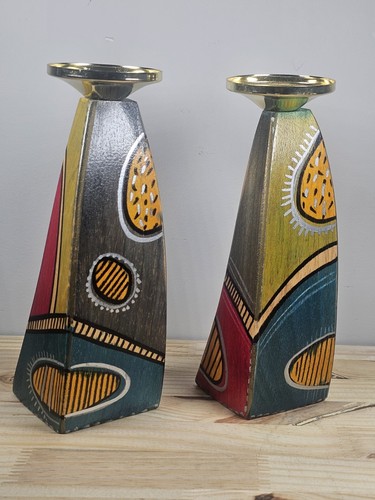 Kakadu Art Wavy Wood Candlesticks Yingish Geometric Design Pair Set of 2 - Picture 4 of 14
