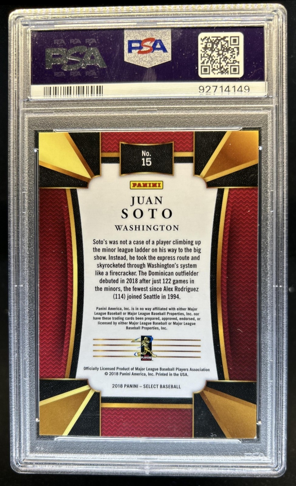 2018 Chronicles Juan Soto Select RC Rookie #15 Nationals PSA 8 view 2