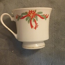 Poinsettia  Ribbons Fine China Round Cup Floral Christmas White Red Green China