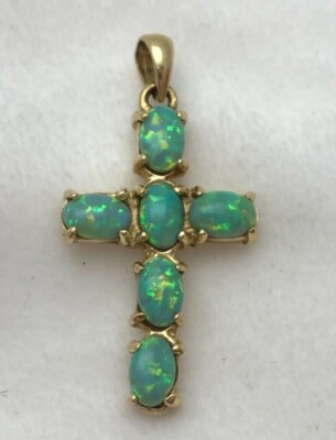 14kt Yellow Gold  3/4'' x 1 1/4'' Fiery Opal Cross Pendant