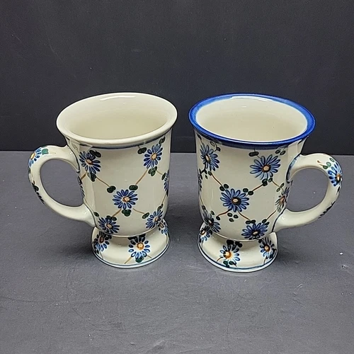 2 Boleslawiec Polish Pottery Pedestal Mugs Handmade Vnt Blue Floral Hand-Painted