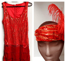 Flapper Red Costume Dress Tag Sz L Feather Headband Fringe Sequins Halloween