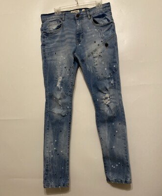 FWRD Jeans Mens 34 Thrashed Paint Splatter Urban Grunge Streetwear Blue Denim