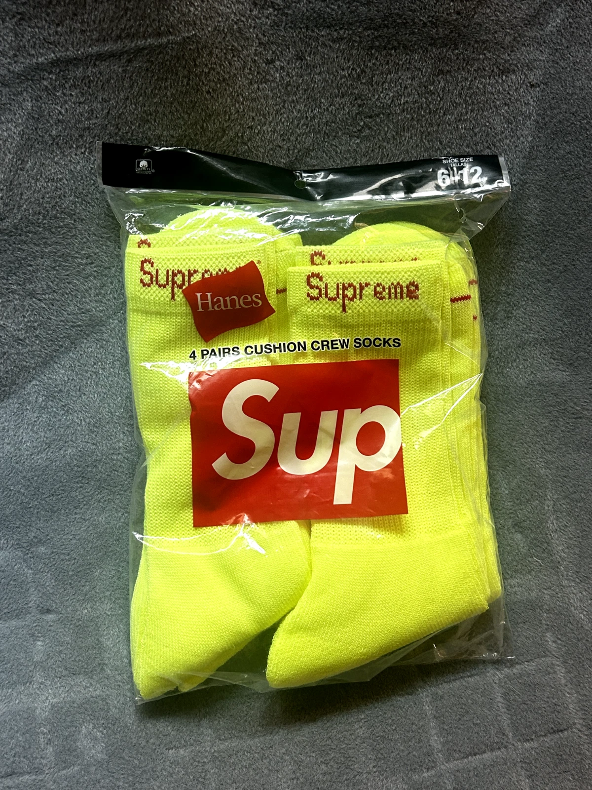 Lot de 4 chaussettes d'équipage Supreme fluorescent jaune fluo logo scellées hommes AUTHENTIQUE