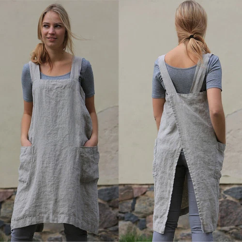 Lässiges lockeres Damenkleid Baumwolle Leinen Hausarbeit Wickeloptik gekreuzter Rückenschürze - Bild 2 von 26
