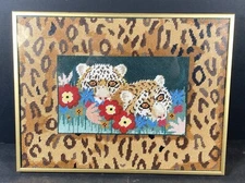 Framed Hand Embroidered Leopard Needle Point Wall Art