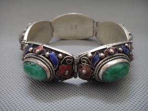 Tibetan Silver Handwork inlay 5 Purple Zircon Cloisonne Red Flower bracelet
