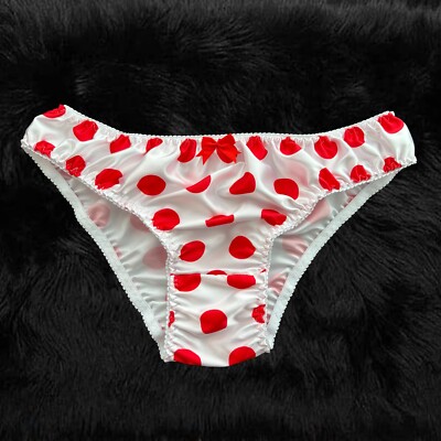 Weißer Satin mit roten Polkadot Sissy Höschen Bikini Slips Größe M - XL