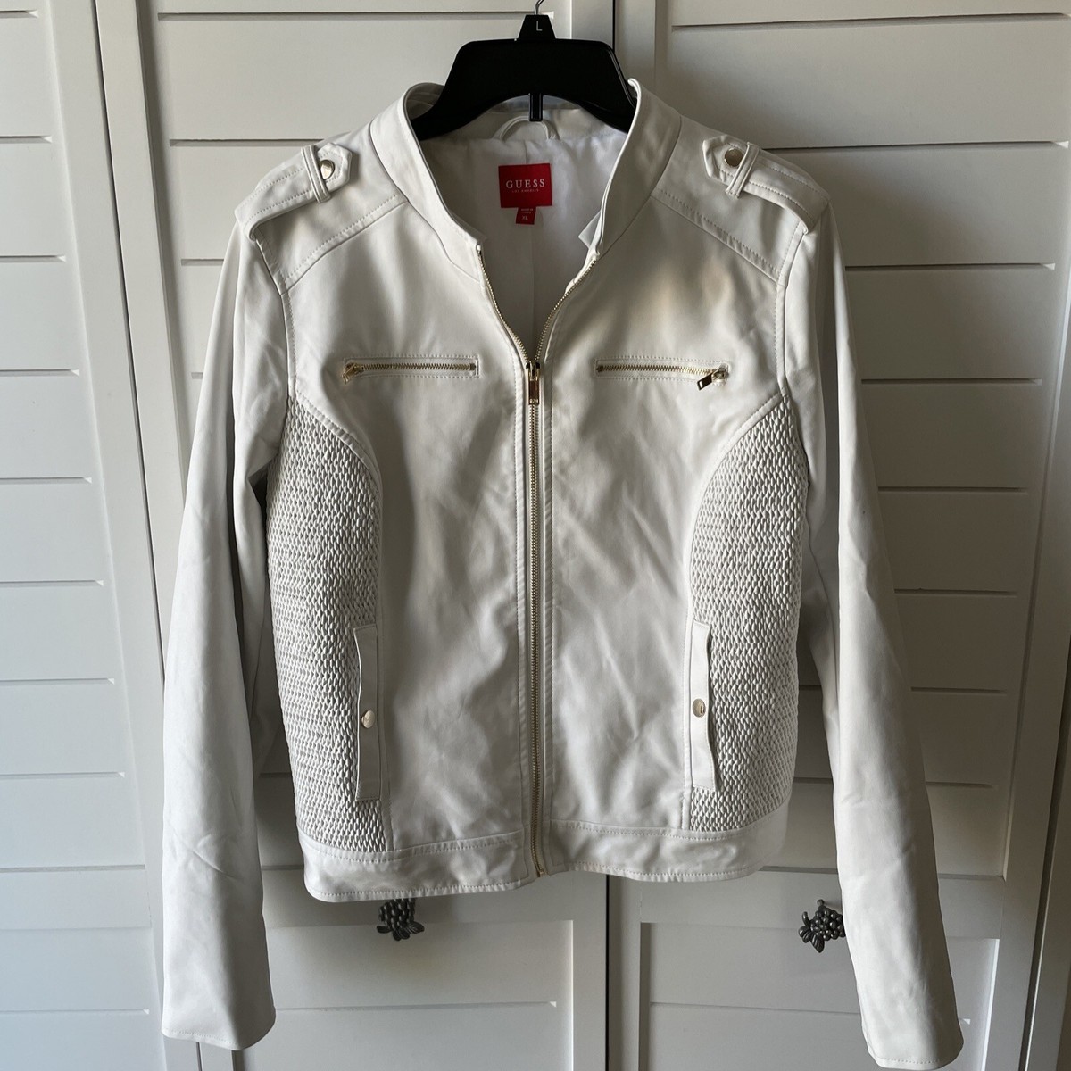 GUESS ホワイト シングルライダースジャケット L Guess Womens XL White Faux Leather Moto Jacket Smocked Epaulets
